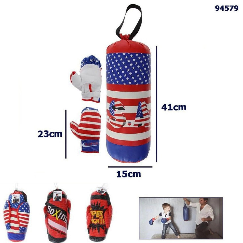 KIT SACCO DA BOXE 41CM CON GUANTONI BAMBINO GIOCO ALLENAMENTO PUGILE KICK BOX