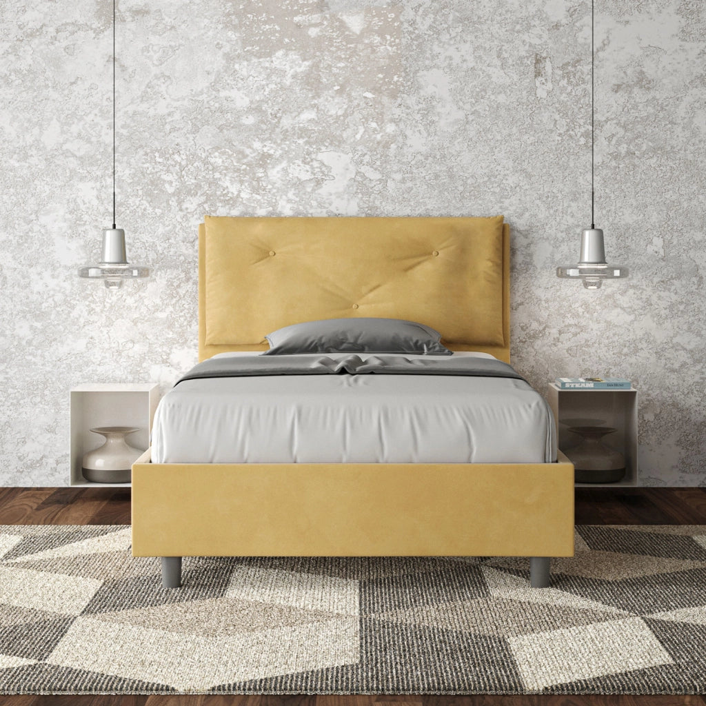 Letto 1 Piazza E Mezzo 110x190 cm con Rete e Contenitore Imbottito in Microfibra Appia Large Ocra
