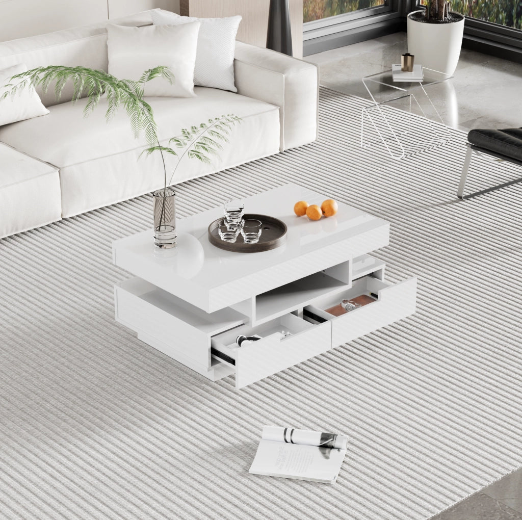 TAVOLO DA CAFFÈ 80x50x36 cm Bianco lucido con LED e 4 cassetti