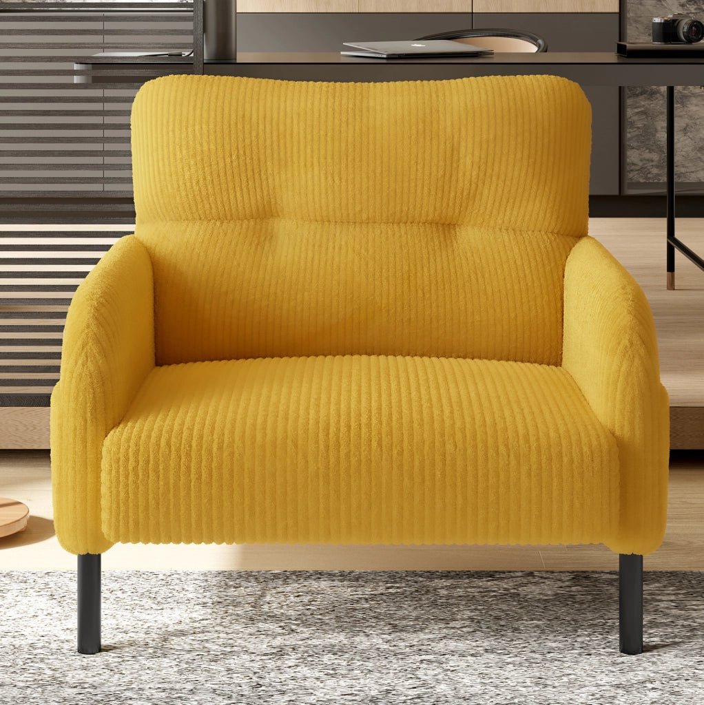 Set divano 3 pezzi in corduroy giallo con poltrona; pouf e divano 2 posti; 120 cm