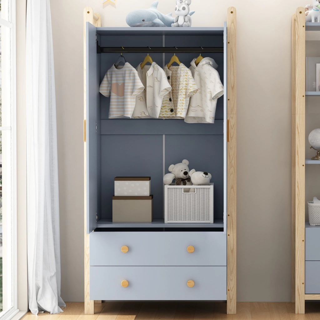 Set guardaroba e scaffale con appendiabiti 4 ripiani aperti e 4 cassetti in legno e MDF blu e naturale