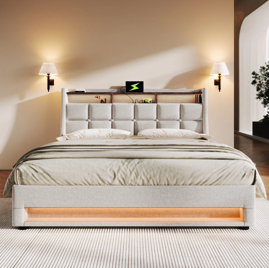LETTO imbottito LED e USB 160x200 cm Beige con vano contenitore