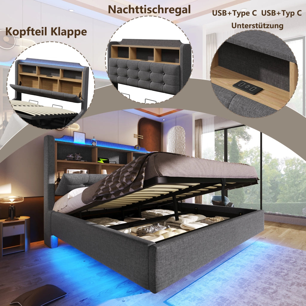 Letto imbottito 140 ¡Á 200 cm con vano idraulico LED USB e tipo C in lino e MDF grigio