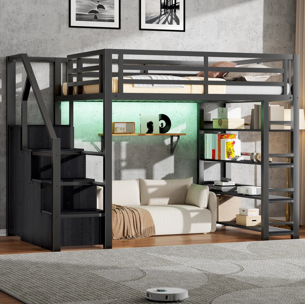 Letto a soppalco 140x200 cm con LED; libreria; armadio e scala contenitore; nero