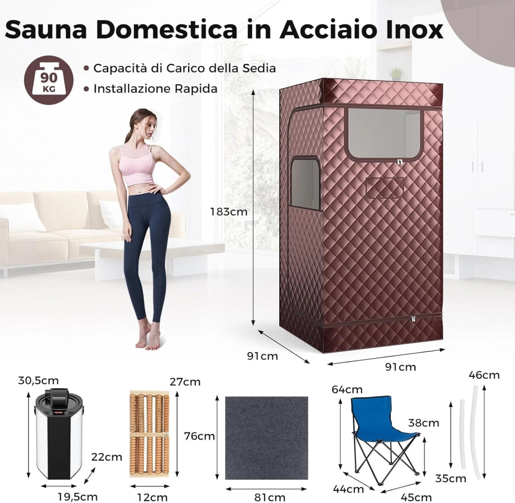 Sauna a Vapore Portatile 3L, Sauna da Casa con 9 Livelli di Regolazione della Temperatura da 35-63℃, Telecomando, Sedia Pieghevole e Massaggiatore per Piedi in Legno (caffè)