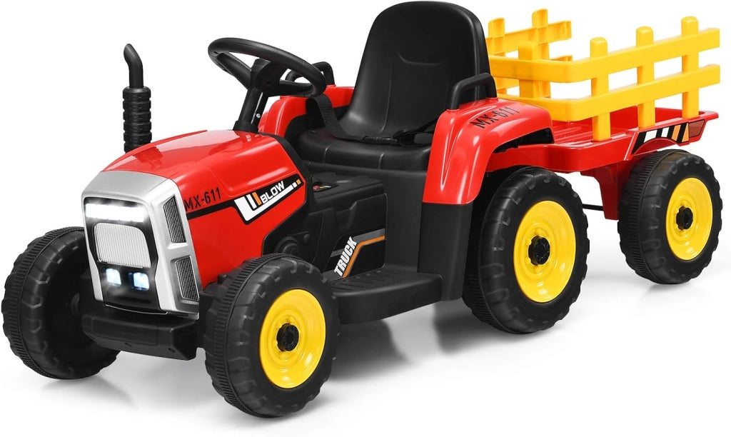 Trattore con Rimorchio Cavalcabile per Bambini 12V, Trattore Elettrico Telecomandato, con Luci e Suoni, 30kg, 3+ Anni (Rosso)