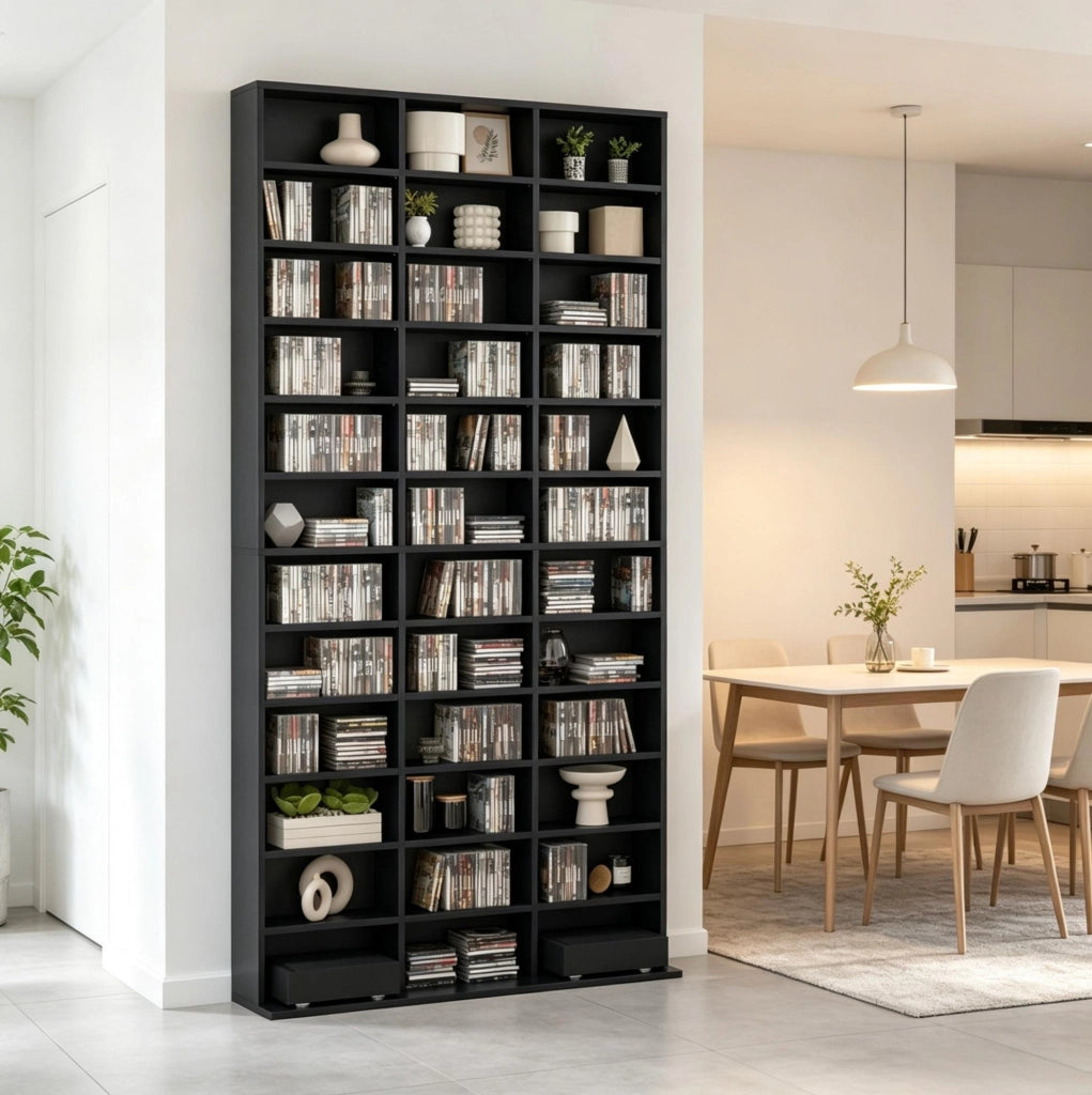 Scaffale Stand per Media in MDF Nero, Capiente per CD e DVD, 102x23,5x195 cm