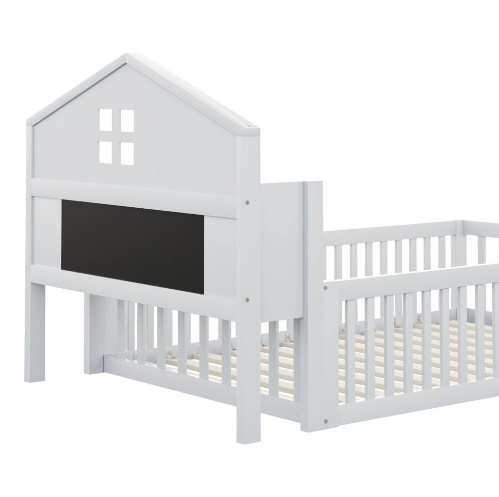 Letto per bambini 90x200 cm a casetta con lavagna, ripiani e barriera bianco