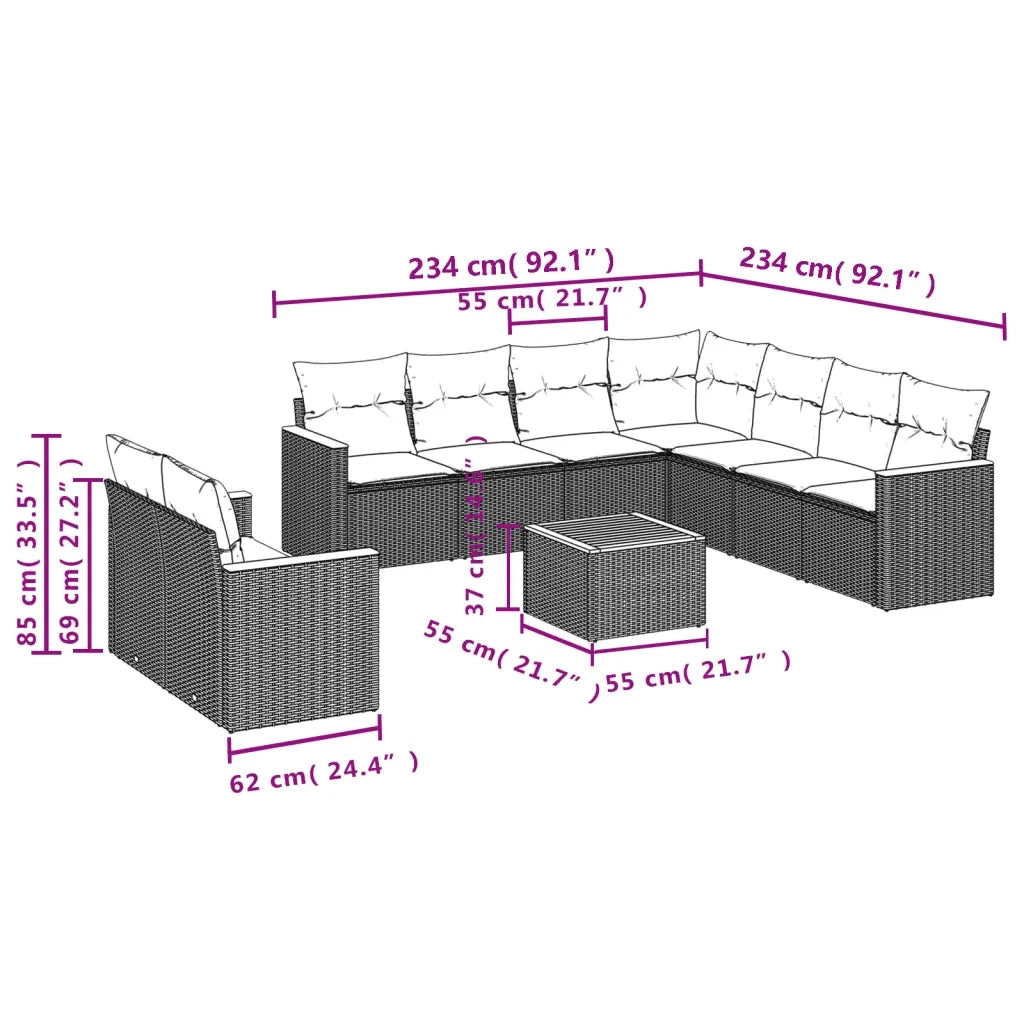 Set Divano da Giardino 10 pz con Cuscini Grigio in Polyrattan