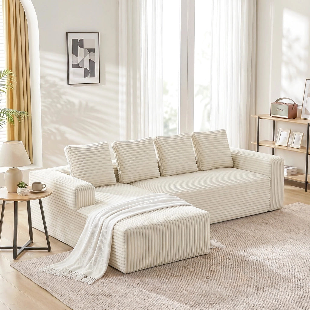 Divano modulare ULEVR a L con chaise longue, seduta profonda in velluto a coste beige, senza montaggio