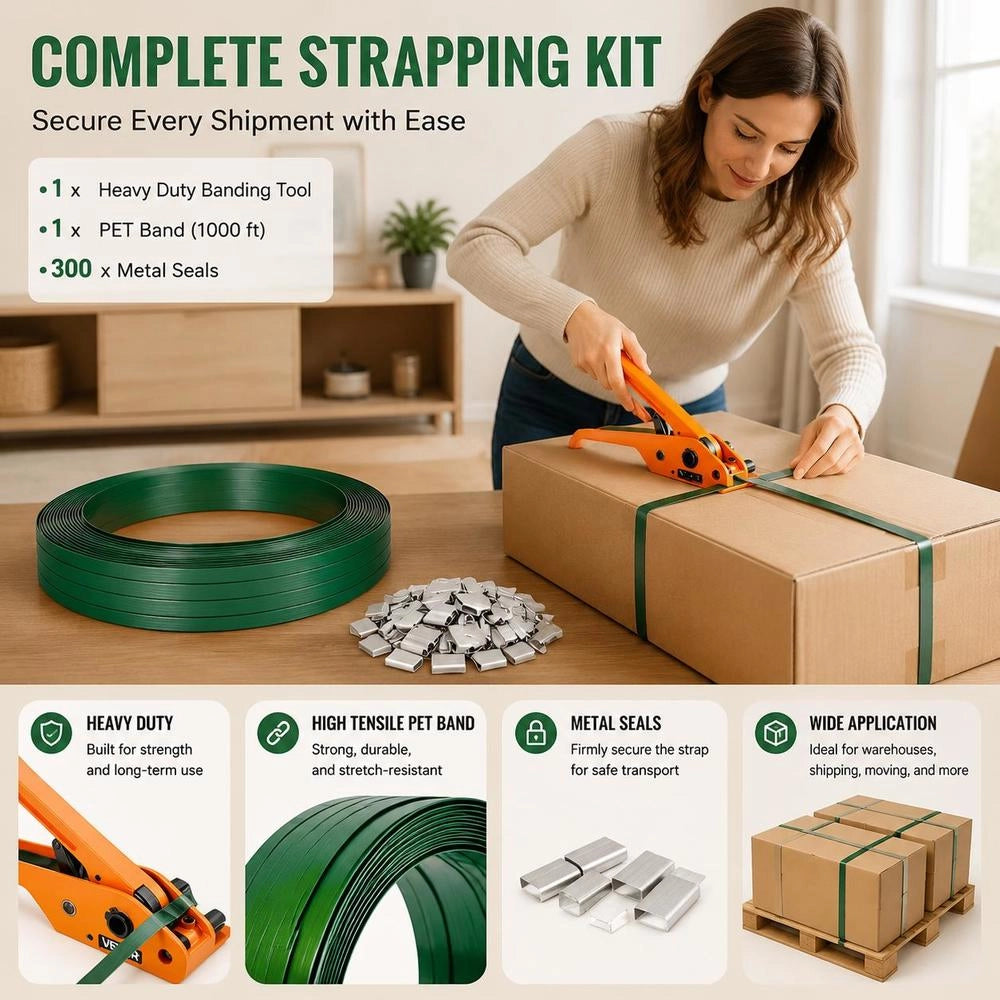 Banding Strapping Kit, Heavy Duty Banding Sealer Tool With 1000 Ft Length PET Band, 300 Metal Seals, Plastic Manual Pallet Packaging Strapping Kit For Warehouse/Shipping/Moving/Home, Orange