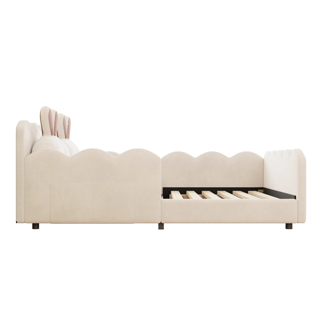 Letto per Bambini 140x200 cm, con Cuscino a Orecchie di Coniglio e Sponde - Beige