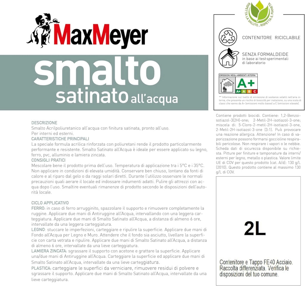 Smalto Satinato All'Acqua Poliuretanico, Colore Nero, 2L