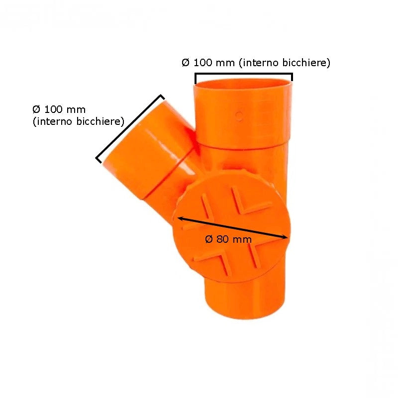 Derivazione 45° con tappo per ispezione in pvc : Diametro - 100 (con tappo Ø80), Modello - Sinistra