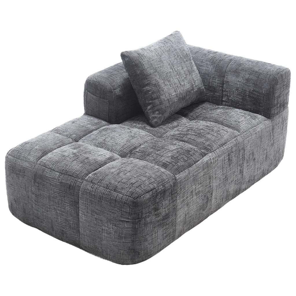 Divano chaise longue in chenille grigio con tasche laterali e cuscino