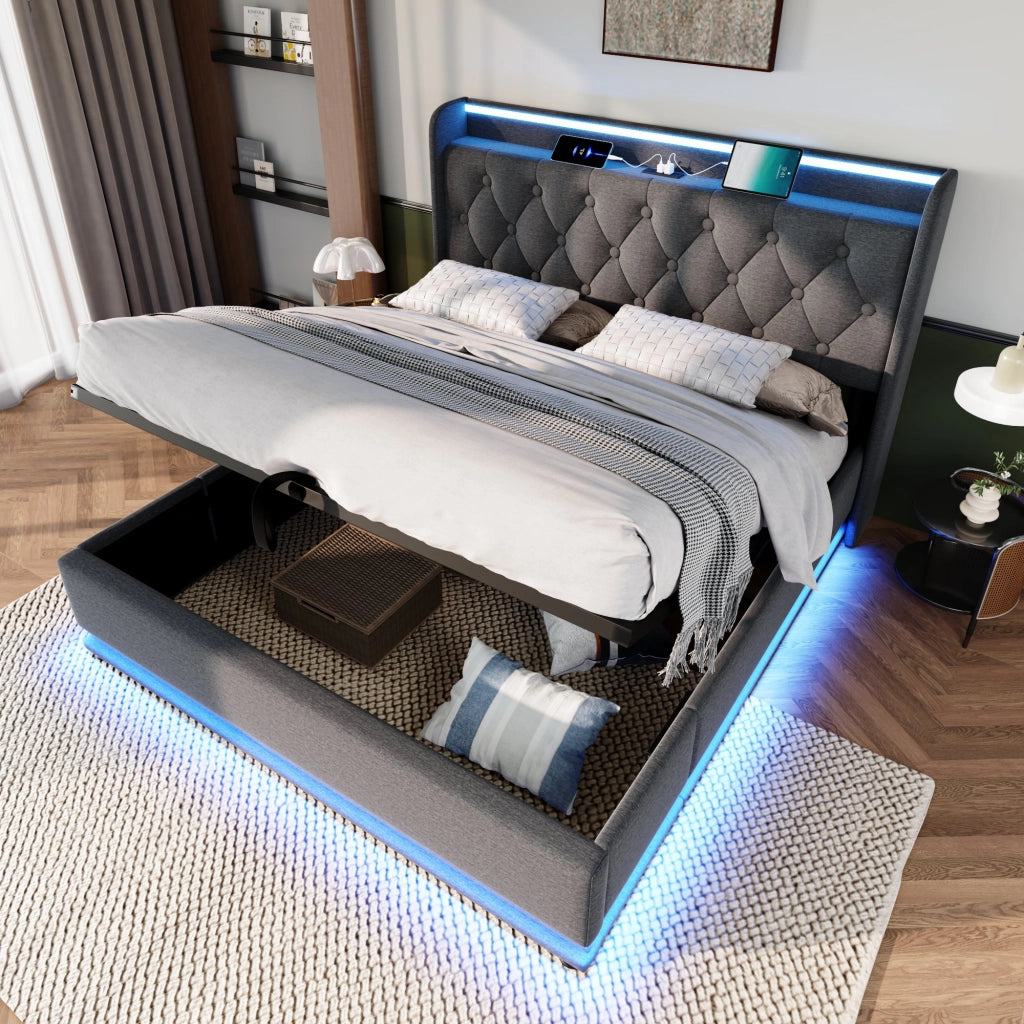 Letto imbottito grigio 180x200 cm con contenitore idraulico; LED e USB Tipo-C