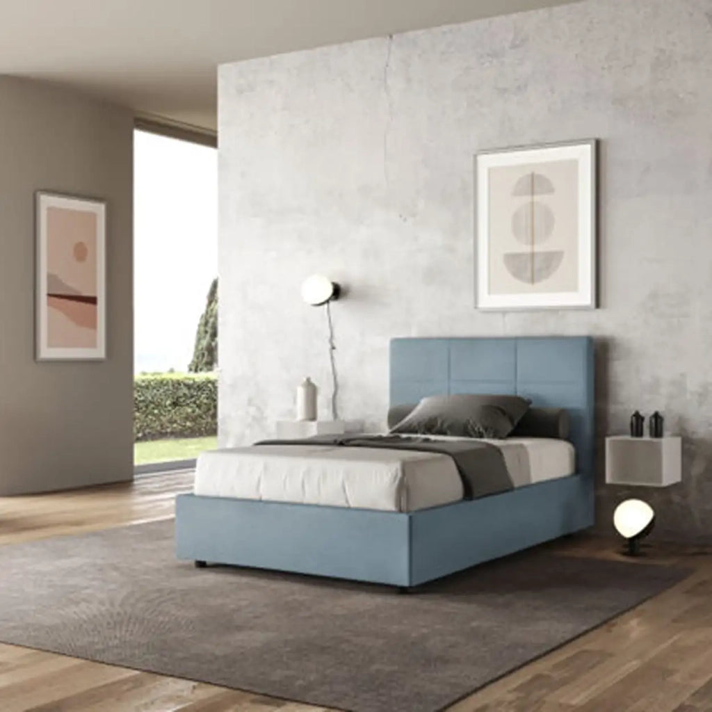 Letto una piazza e mezza senza rete imbottito 120x210 microfibra azzurro Mika