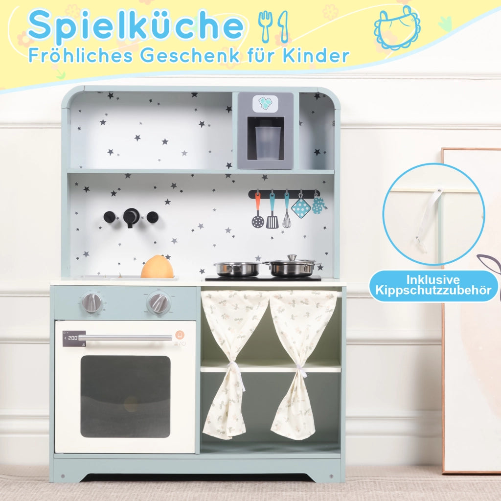Cucina giocattolo per bambini con distributore di ghiaccio, microonde e accessori in MDF blu 29 × 60 × 81 cm
