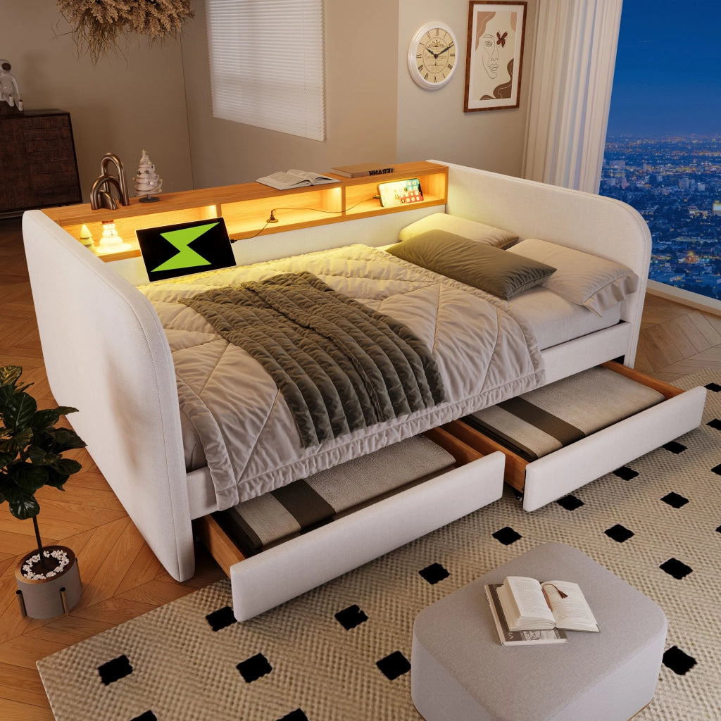 Letto imbottito 140x190 cm con LED e cassetti