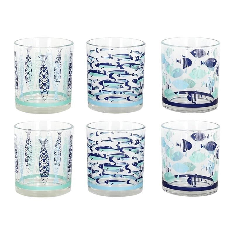 MAURY'S SET 6 BICCHIERI IN VETRO PER ACQUA DESIGN PESCI