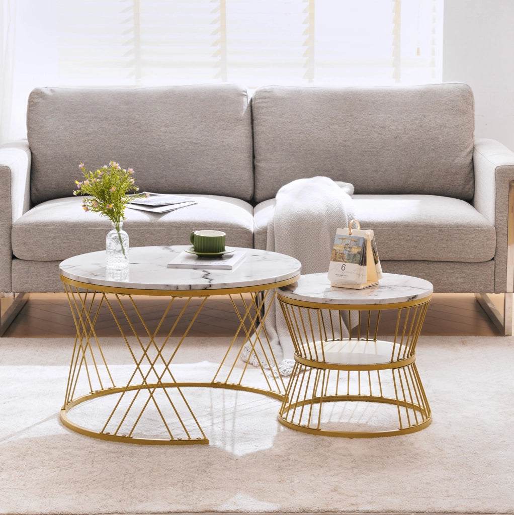 TAVOLINO da caffè set 2 pezzi rotondo impilabile 70/45 cm MDF bianco e oro