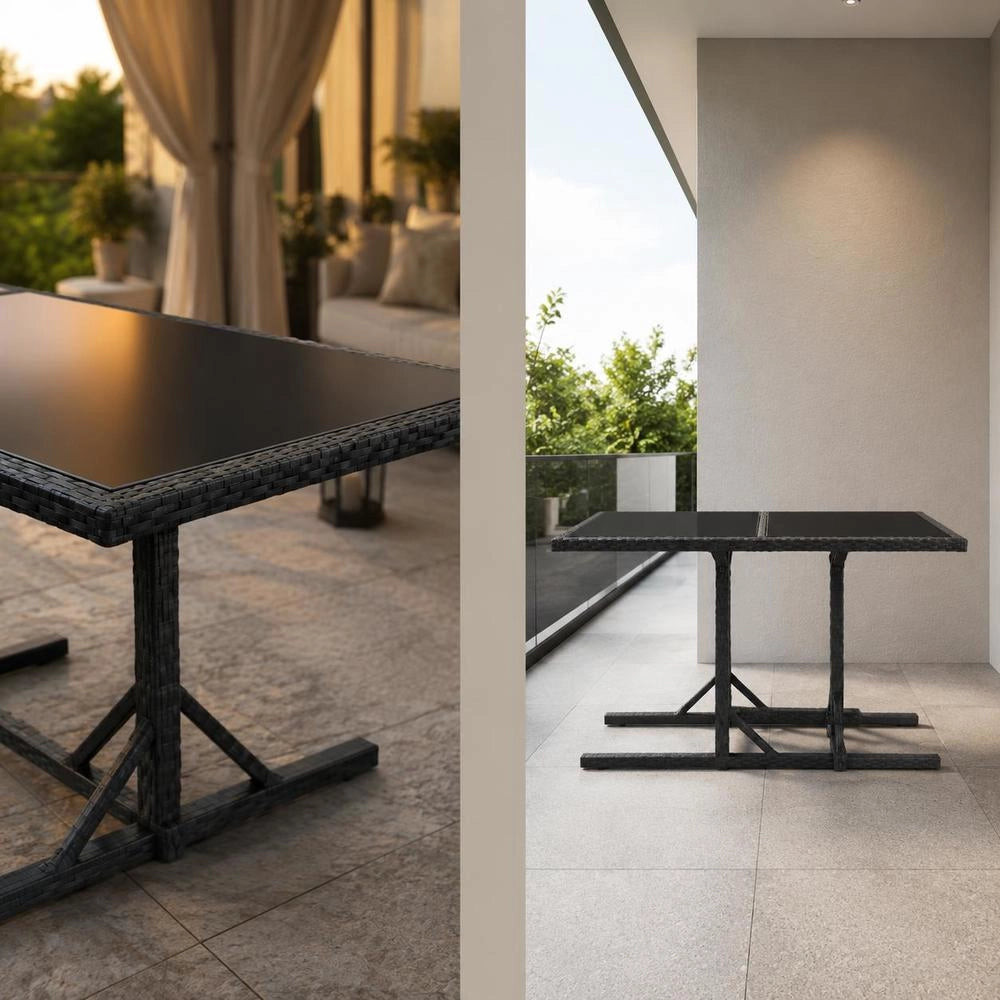 Garden Table Black 110x53x72 Cm Glass And Poly Rattan