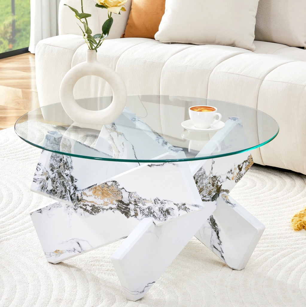 TAVOLO DA CAFFÈ ROTONDO 79 cm MDF E VETRO TRASPARENTE BIANCO