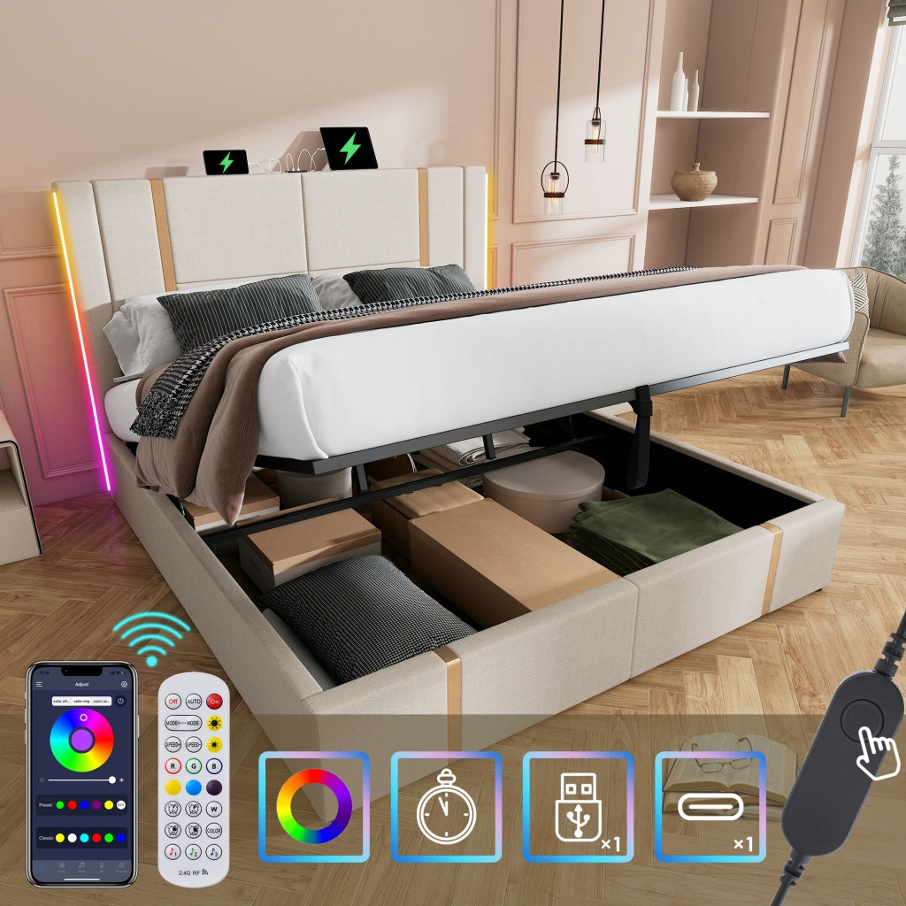 Letto matrimoniale imbottito 160x200 beige con LED RGB