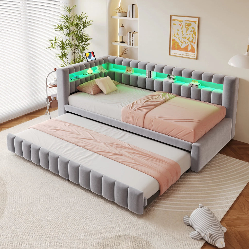 Divano letto con LED, testiera contenitore e USB, 90x200 cm, grigio chiaro