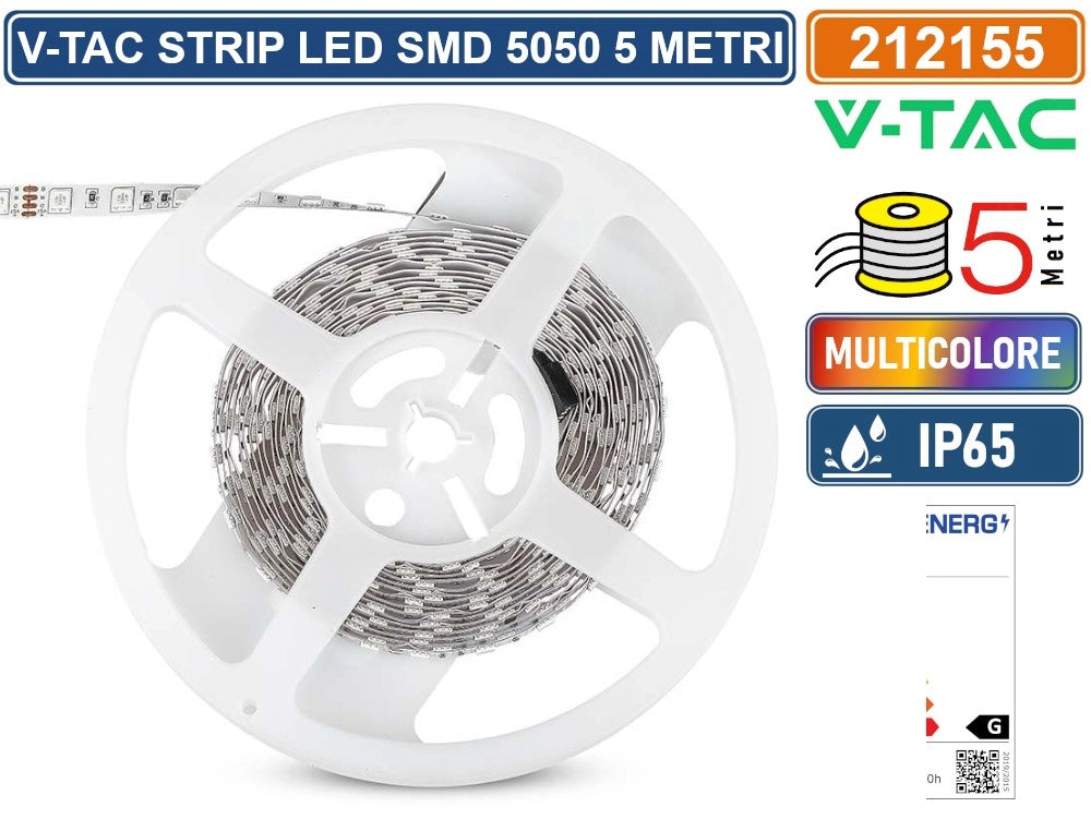 V-TAC VT-5050-60 STRISCIA LED FLESSIBILE 35W SMD RGB 60 LED/METRO 12V IP65 - BOBINA DA 5 METRI - SKU 212155