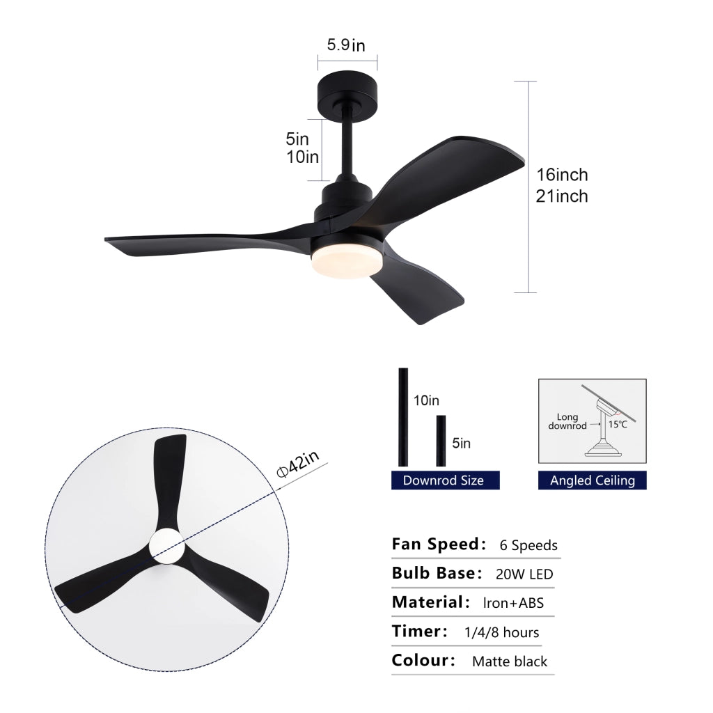 Ventilatore da soffitto da 42 pollici con luce LED e telecomando, 3 pale in ABS nero, motore DC reversibile
