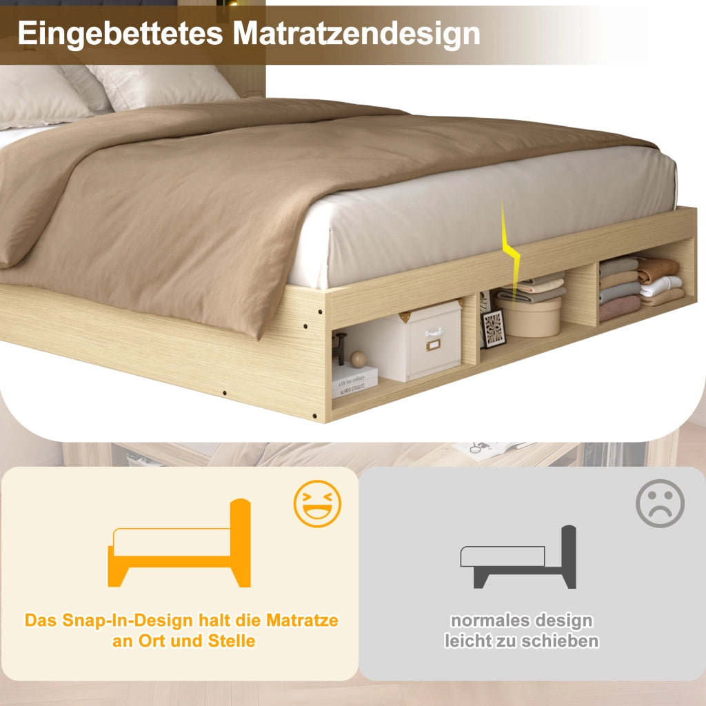 Letto matrimoniale in legno con USB, LED e 2 comodini, 180x200 cm, quercia chiara