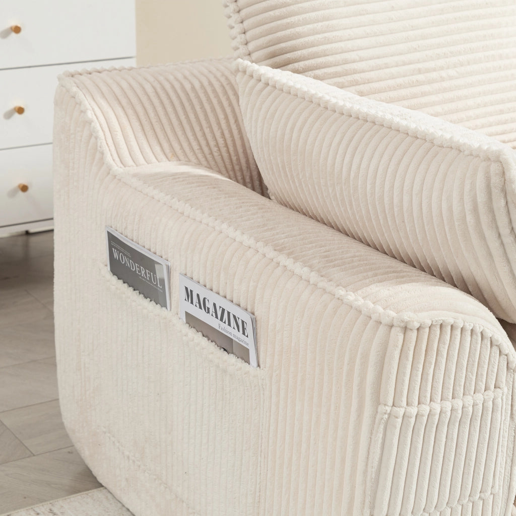 Divano modulare 3 posti in corduroy beige con pouf, tasche laterali e cuscini