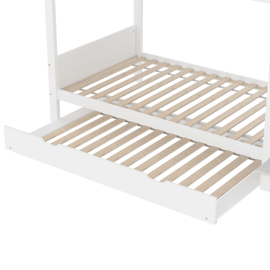 Letto a castello per bambini con letto estraibile, armadio, ripiani e scaletta contenitore, 90x200 cm, bianco