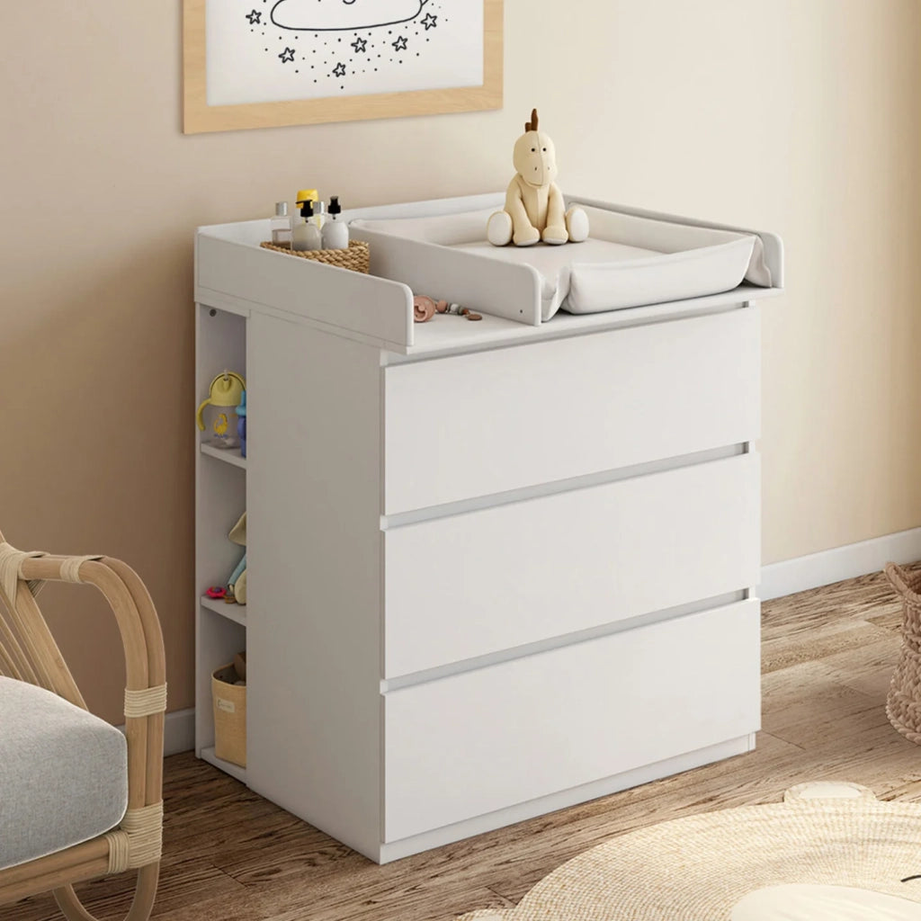 IDMarket - AMBRE cassettiera bianca fasciatoio a 3 cassetti e 2 ripiani estraibili