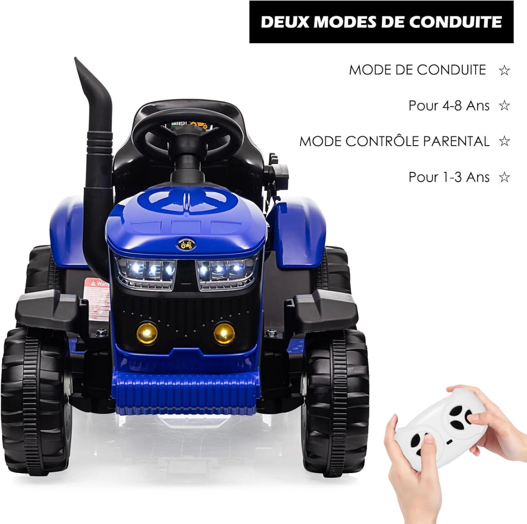 Trattore elettrico per bambini con rimorchio rimovibile e telecomando.