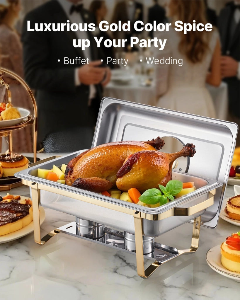 Set 4 Scaldavivande Rettangolari HZ-433B 7,5 L in Acciaio Inox Oro per Buffet Chafing Dish con Coperchio in Vetro e Supporto Pieghevole