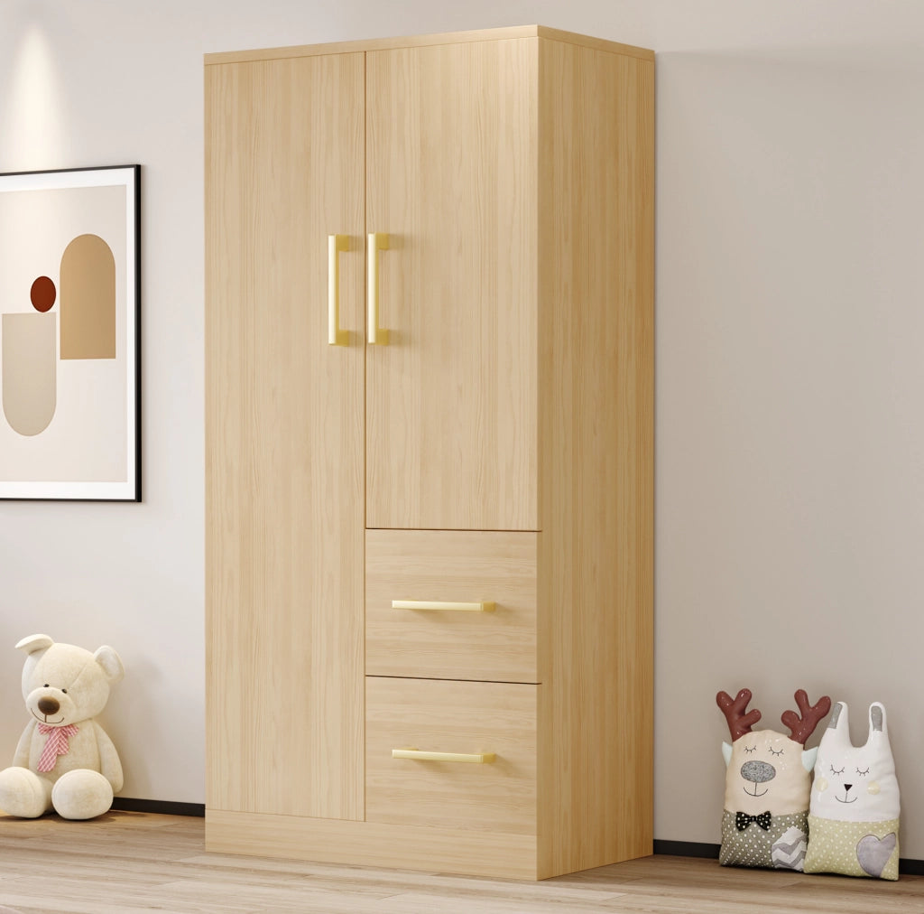 Armadio 70x40x135 cm a 2 ante con 2 cassetti in pino, compensato e MDF color legno naturale