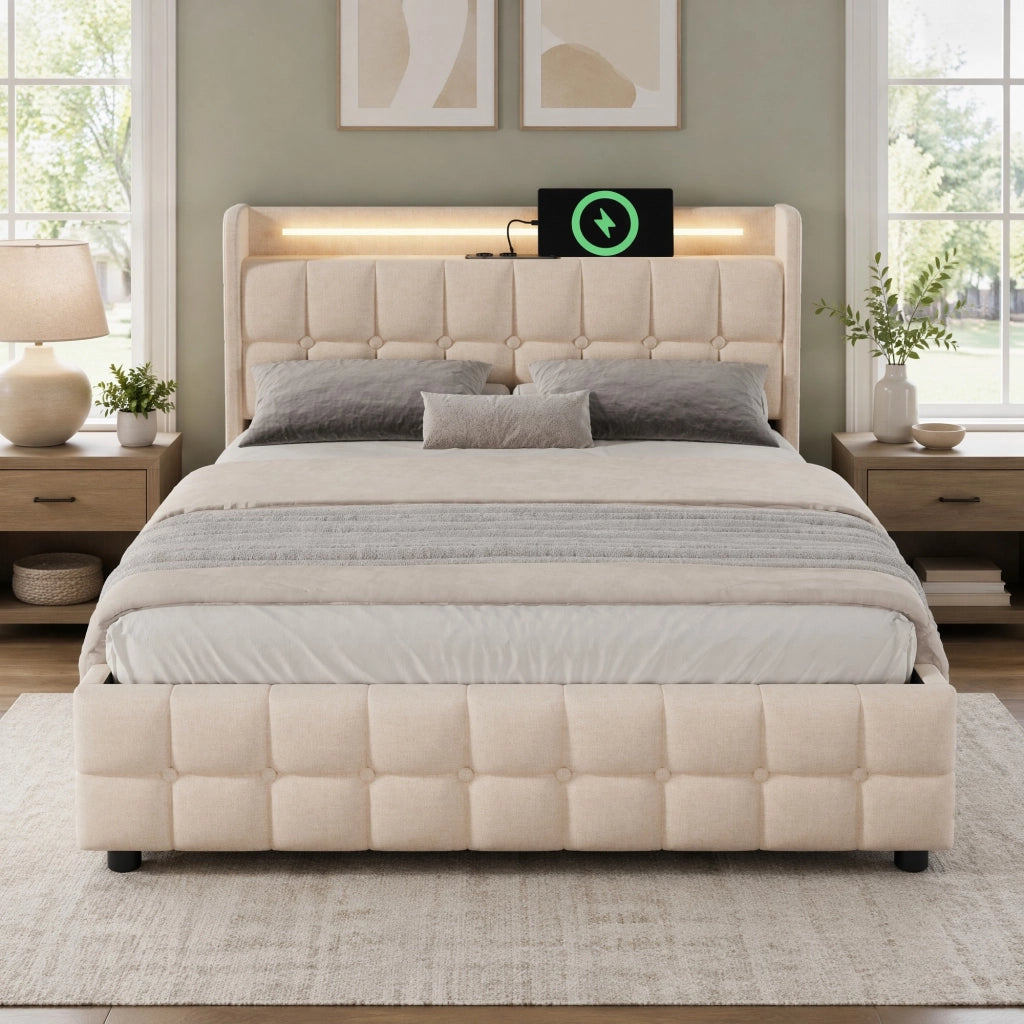 Letto con cassetti 180 × 200 cm con 4 cassetti LED prese USB e testiera imbottita beige