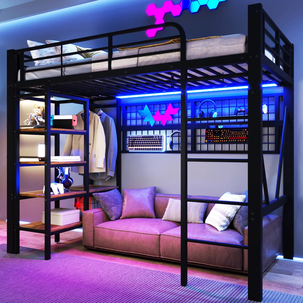 Letto per bambini a soppalco 90x200 cm con LED; ripiani e rete appendiabiti; metallo e MDF nero