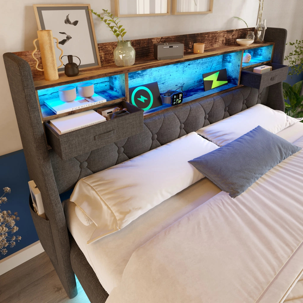 Letto imbottito con LED, USB-C e testiera contenitore, 180x200 cm, grigio