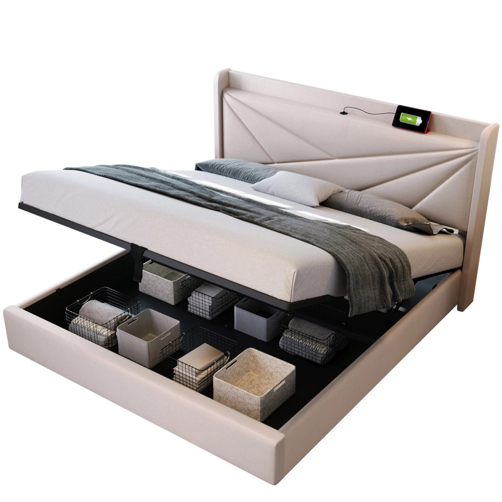 Letto Contenitore Matrimoniale 160x200 cm; USB e Type-C - in Cotone Lino - Beige