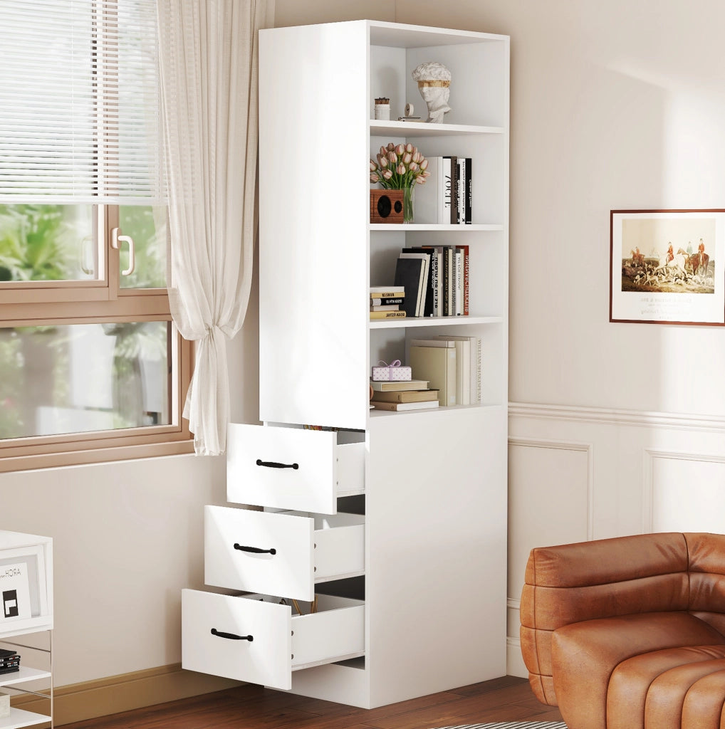 Libreria alta 180 cm slim con 3 cassetti laterali; 4 ripiani; bianco