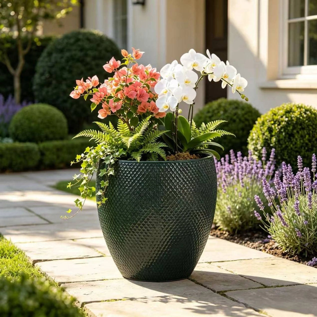 Vaso da giardino ULEVR in ceramica ?46 x H53 cm verde scuro, finitura lucida a rilievo rombi