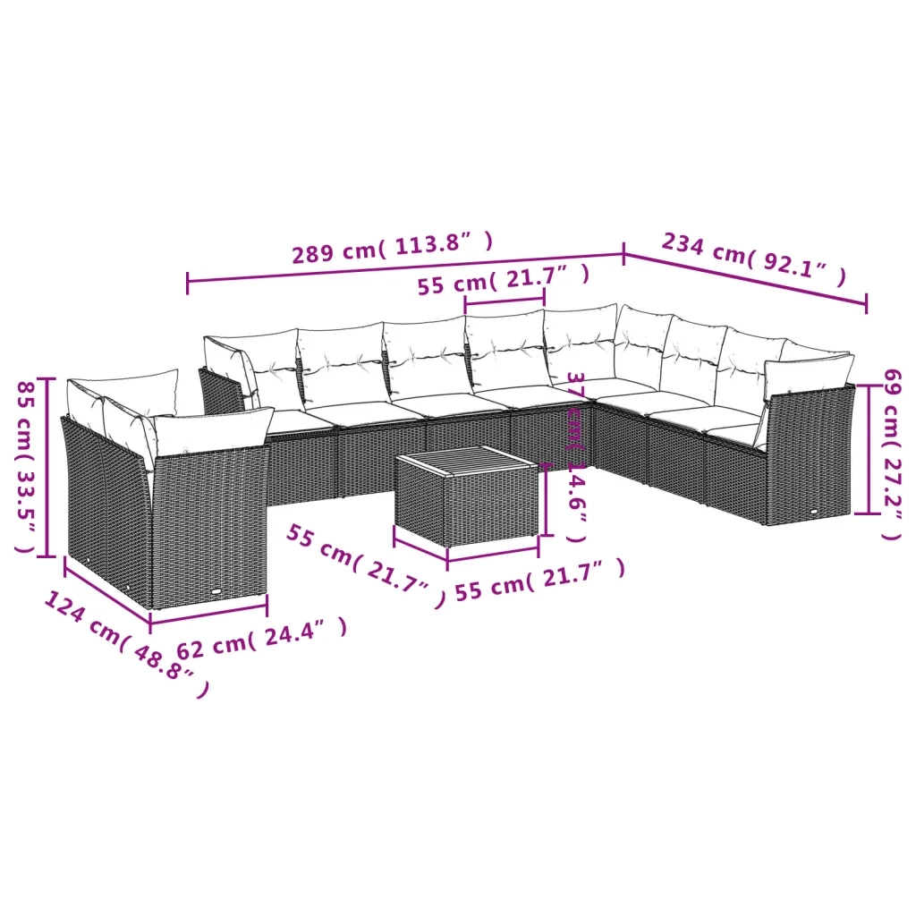 Set Divano da Giardino 11 pz con Cuscini Beige Misto Polyrattan 3256052
