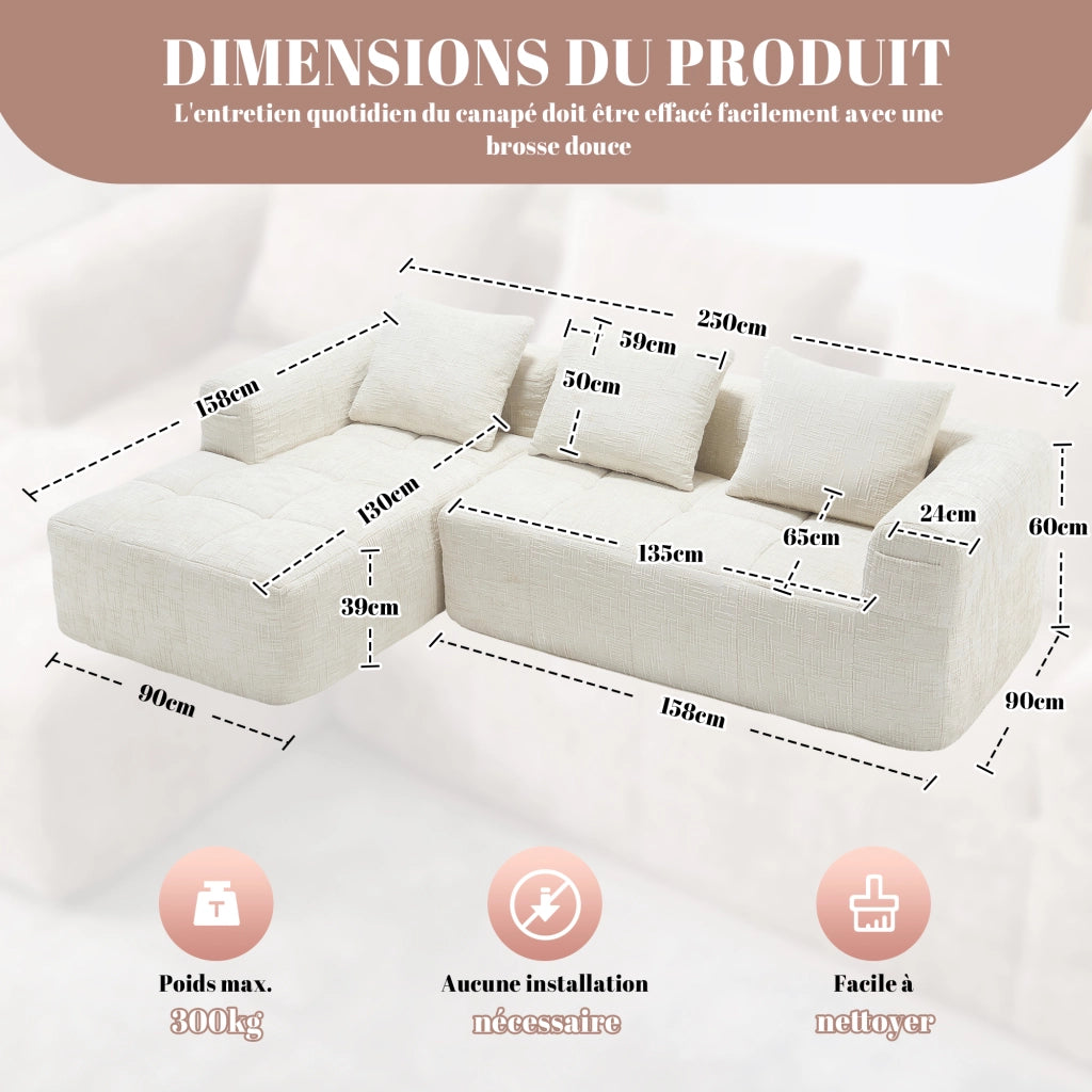 Divano modulare a L in chenille beige con chaise longue, 3 cuscini e tasche laterali