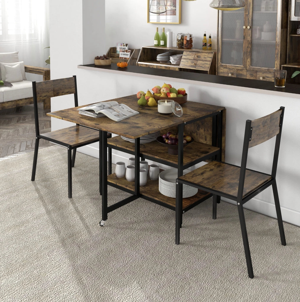 Tavolo da pranzo pieghevole con ruote e 2 ripiani 140x80 cm marrone