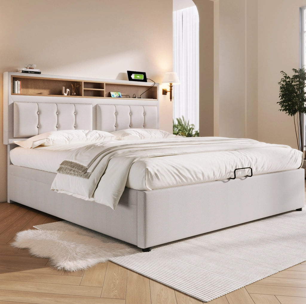 LETTO Contenitore 140x200 cm in lino beige con testiera regolabile e USB