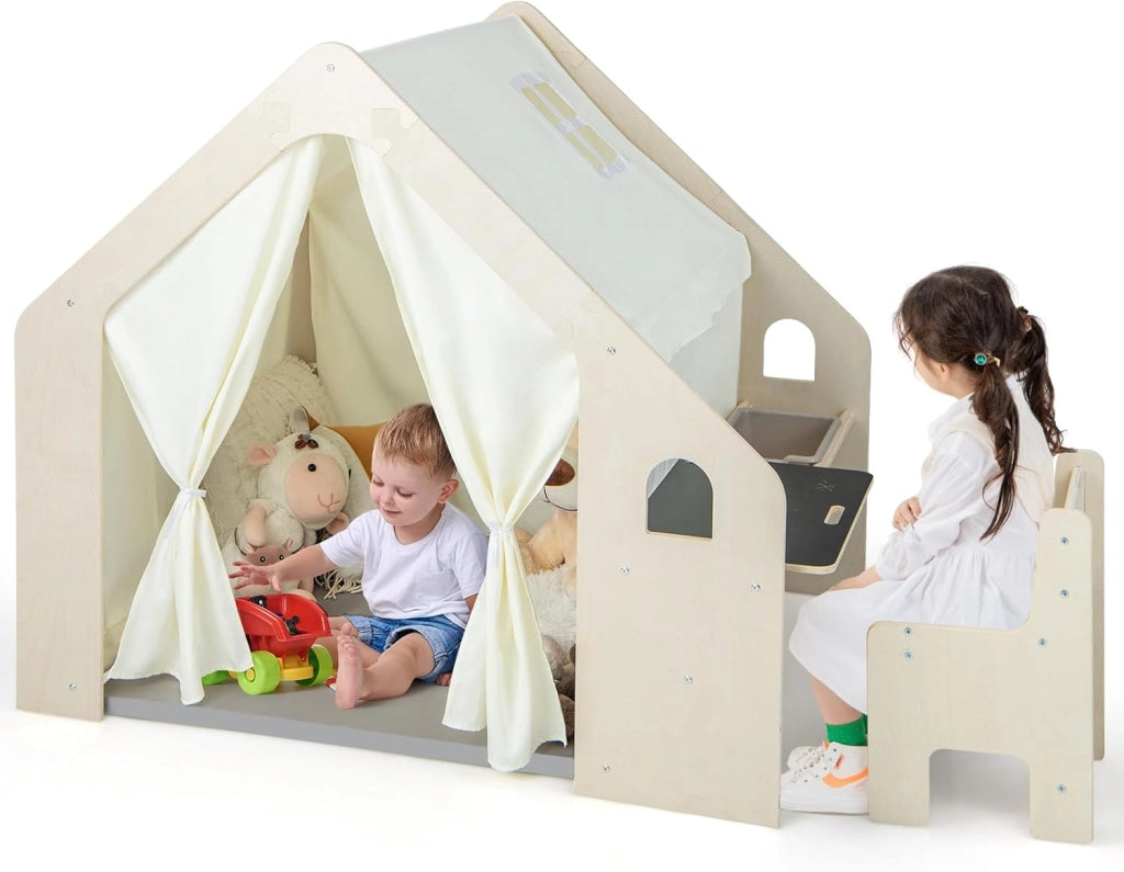 Tenda da Gioco per Bambini in Legno con Tappetino, 6 in 1 Capanna per Bambini Rimovibile per Interni, Casetta Tenda per Bambini, Regalo di Compleanno di Natale (Grigio 98 x 131 x 113 cm)