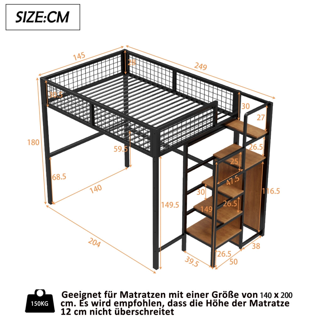 Letto a soppalco 140x200 cm con scala e armadio